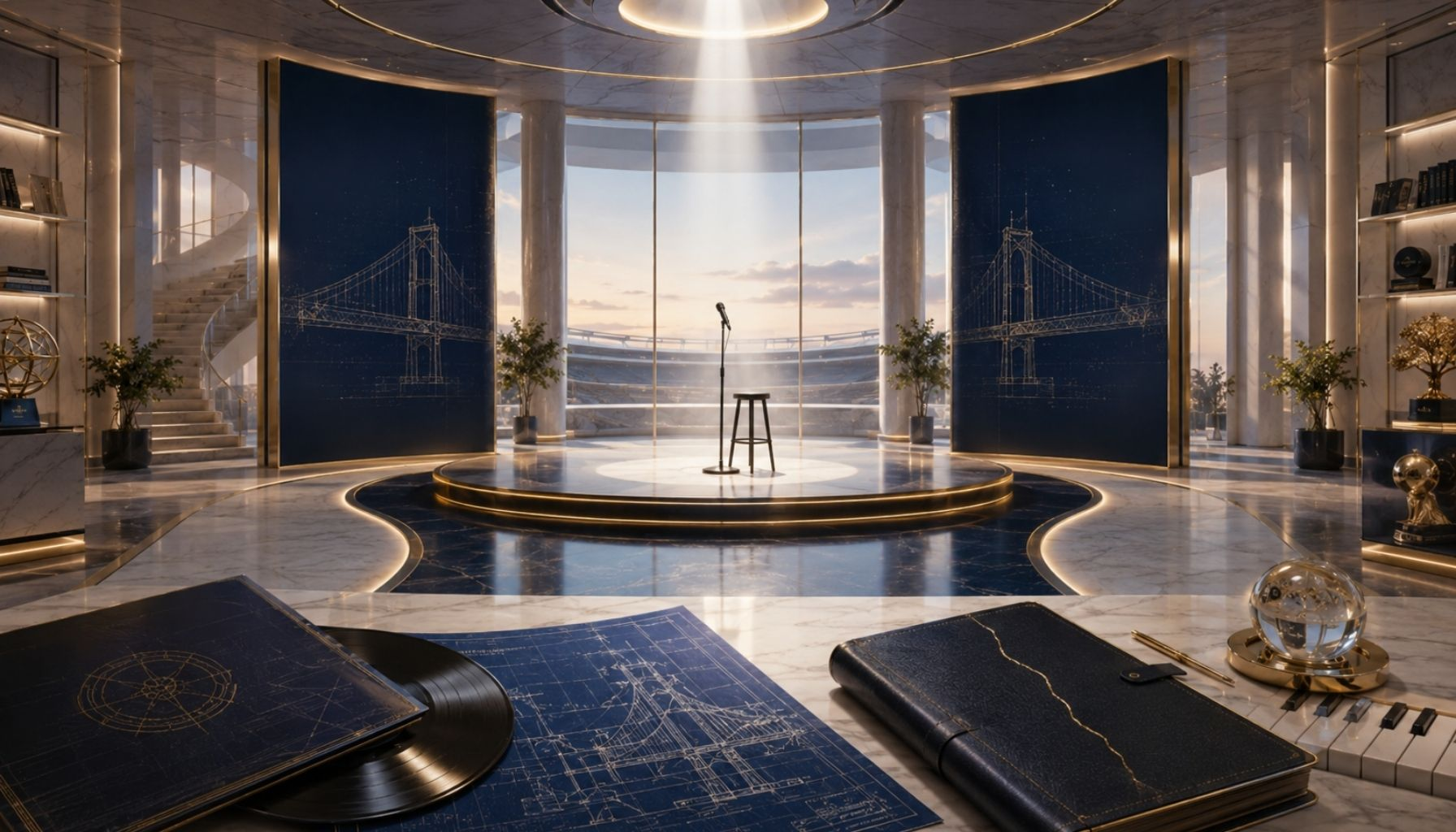 A luminous editorial stage with a spotlighted microphone, vinyl record, architectural blueprints, piano keys, and a leather journal, symbolizing music legacy, reconciliation, ownership, and cultural power.