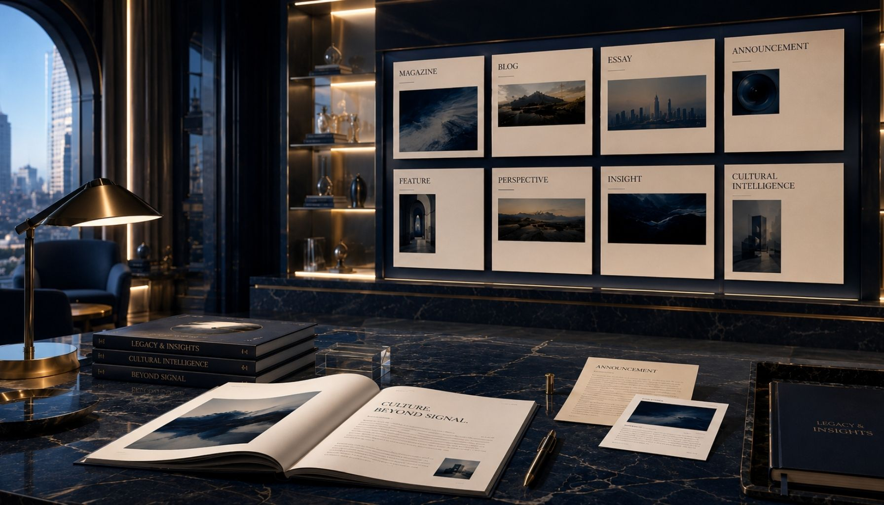 A refined navy and gold editorial reading room featuring magazines, blog layouts, essays, announcements, and a Legacy & Insights journal.