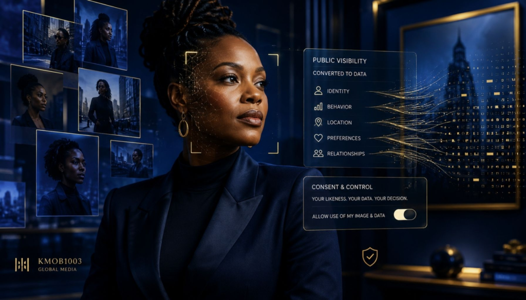 A close-up editorial image of a hand adjusting a small physical dial, symbolizing digital consent, platform defaults, and the choice to opt out before personal likeness becomes data.