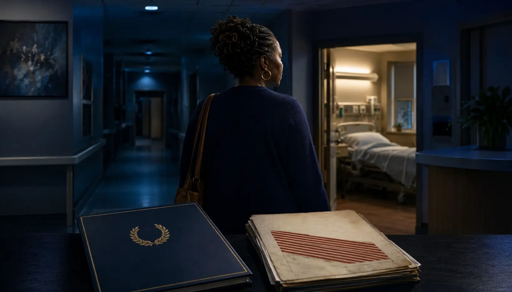 A woman stands in a dark blue hospital corridor between an open patient room and two contrasting institutional records representing recognition and regulatory scrutiny.