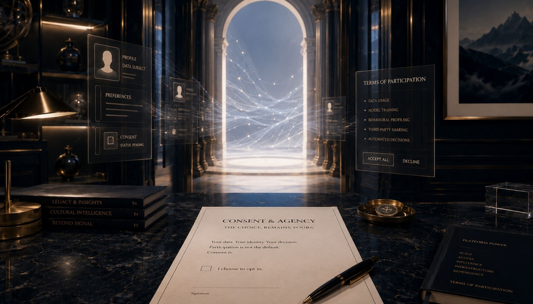 A luxury editorial scene with a consent document, glowing data interfaces, and a terms-of-participation display, representing platform power, digital identity, and public consent in AI.