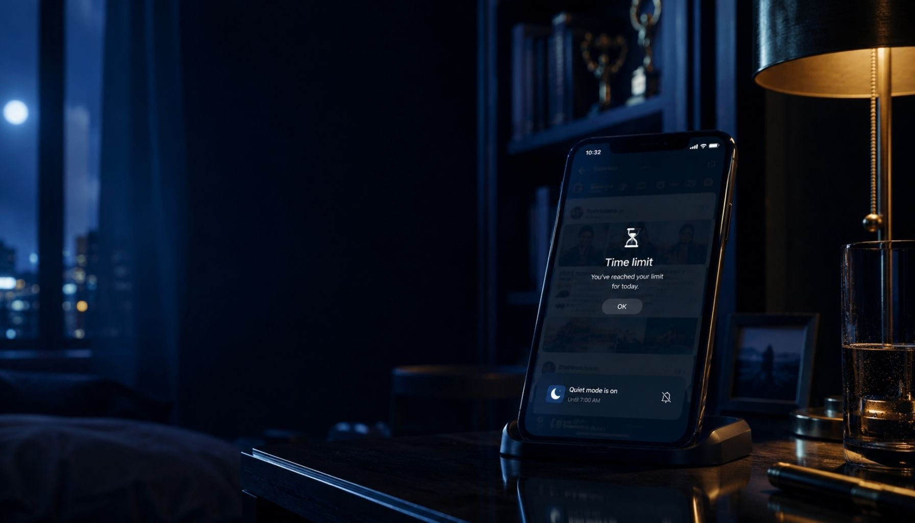 Meta teen safety settlement: a modern bedroom at night with a smartphone showing a nighttime restriction screen
