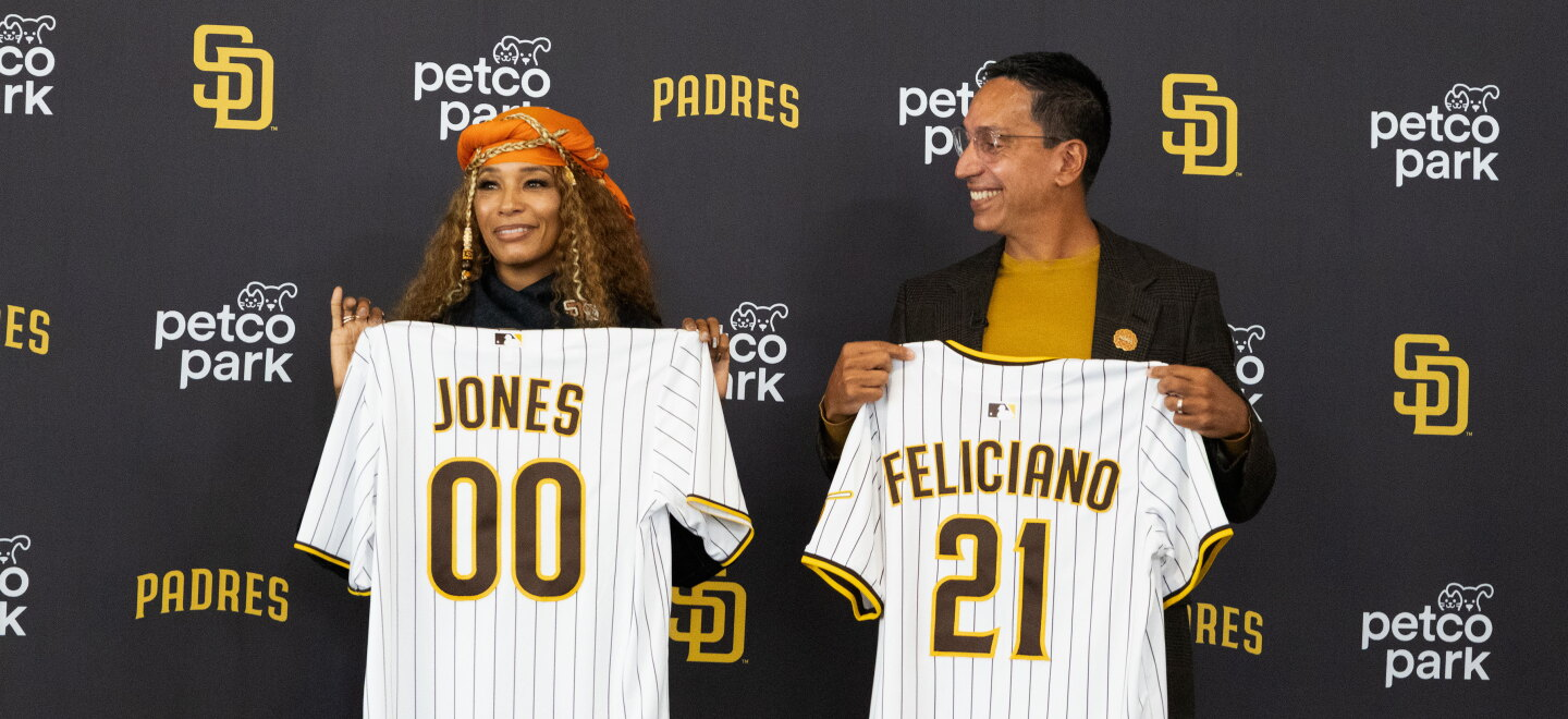 Kwanza Jones and José E. Feliciano at Petco Park during the Kwanza Jones Padres ownership introduction