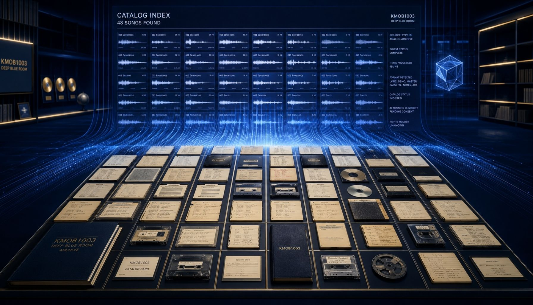 AI music training data shown as 48 archived song records inside a Deep Blue Room media system, representing a musician discovering their catalog in AI datasets.