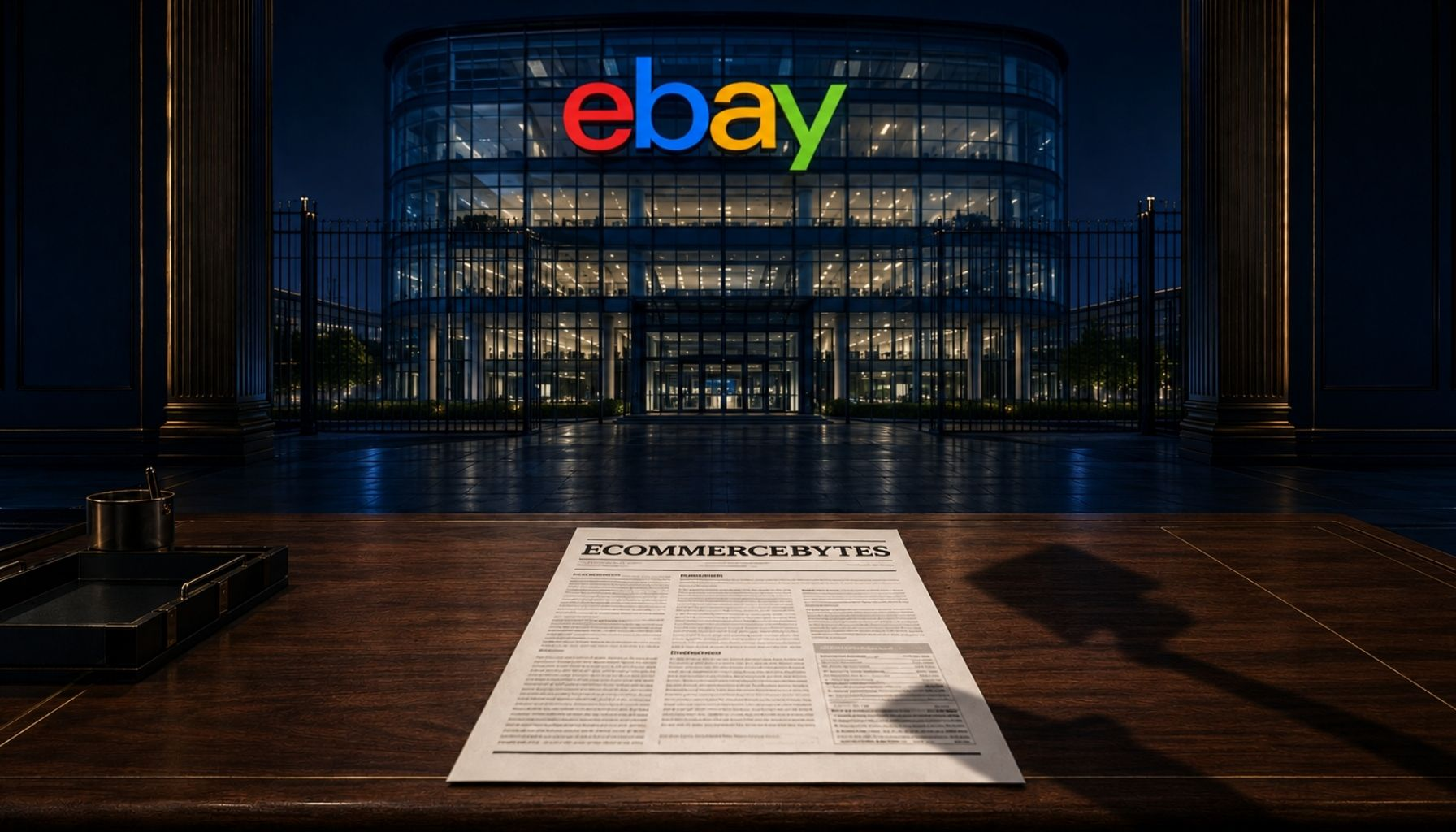 An EcommerceBytes newsletter sits beneath a looming eBay headquarters facade and surveillance camera, illustrating the corporate cyberstalking campaign against its publishers.