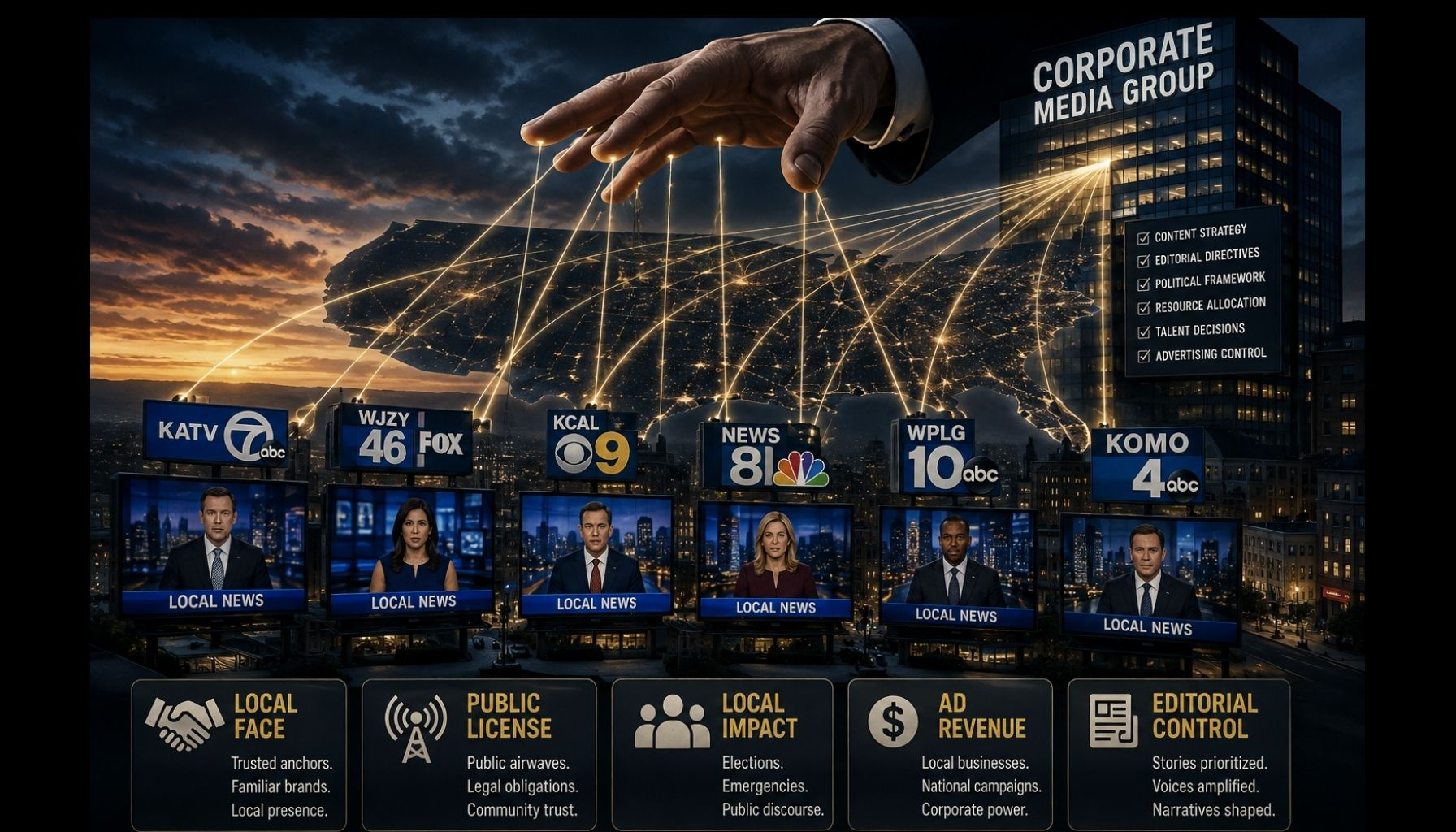 Local television stations connected to one expanding national ownership structure after repeal of the FCC television ownership cap.