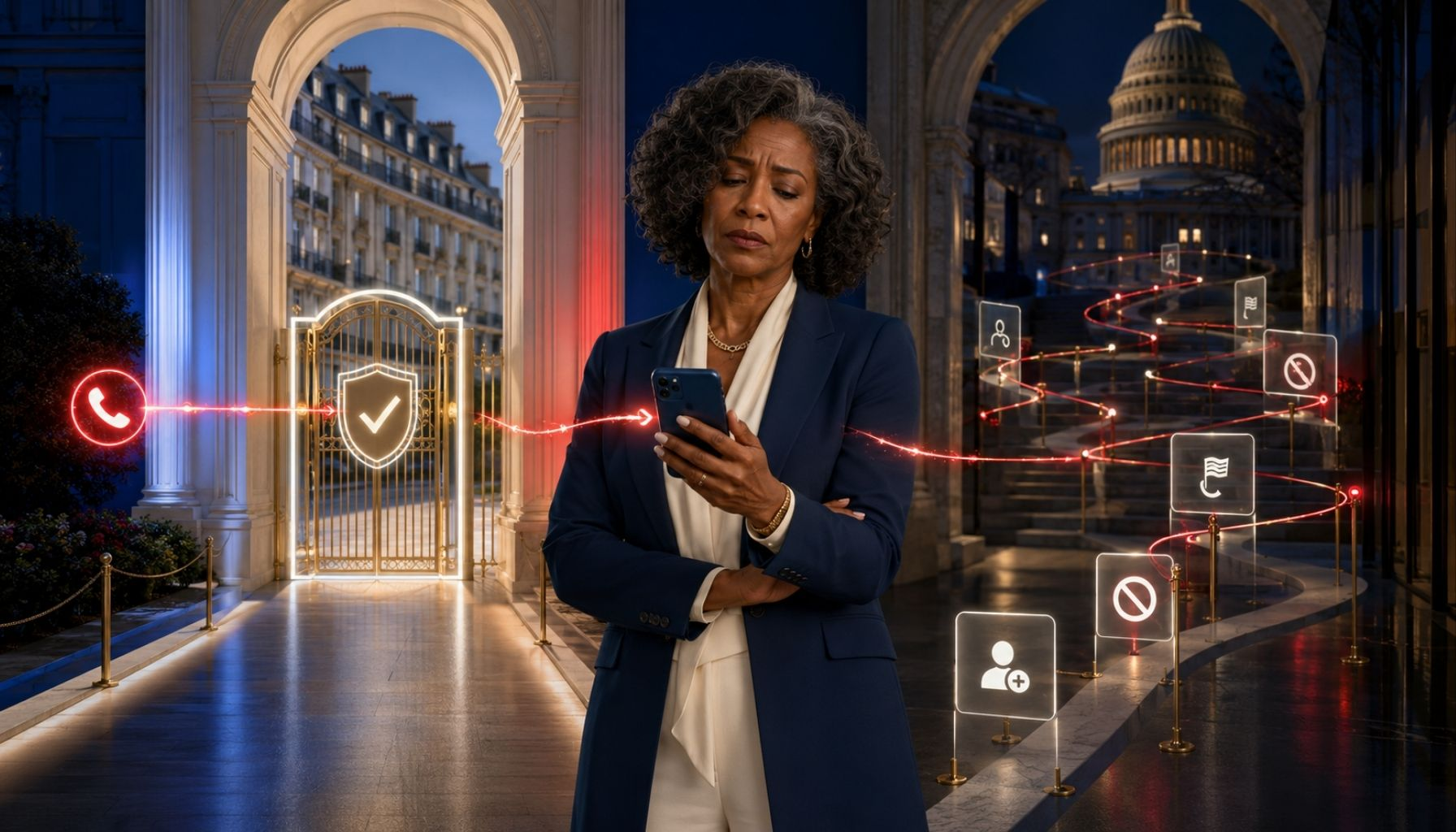 A Black woman checks her phone as a red call signal stops at a consent gate, illustrating France's telemarketing ban and America's opt-out burden.