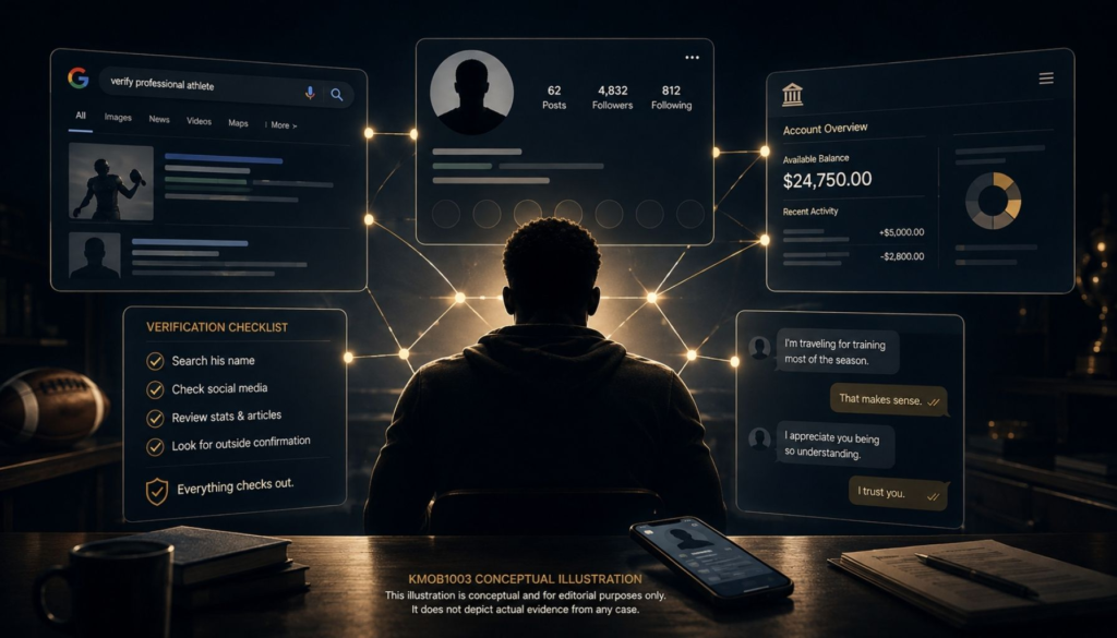 Alt Text Daejon Love romance scam conceptual image showing online profiles, search results, financial claims and digital signals reinforcing a false identity