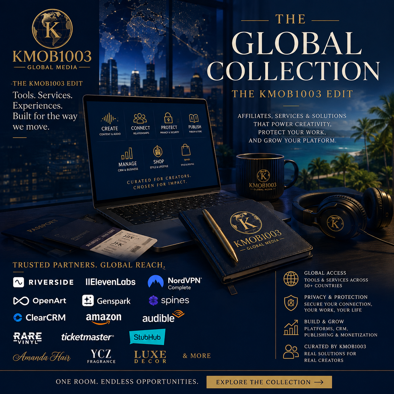 KMOB1003 Global Collection editorial visual about tools, platforms and books shaping how people create, work and protect themselves.