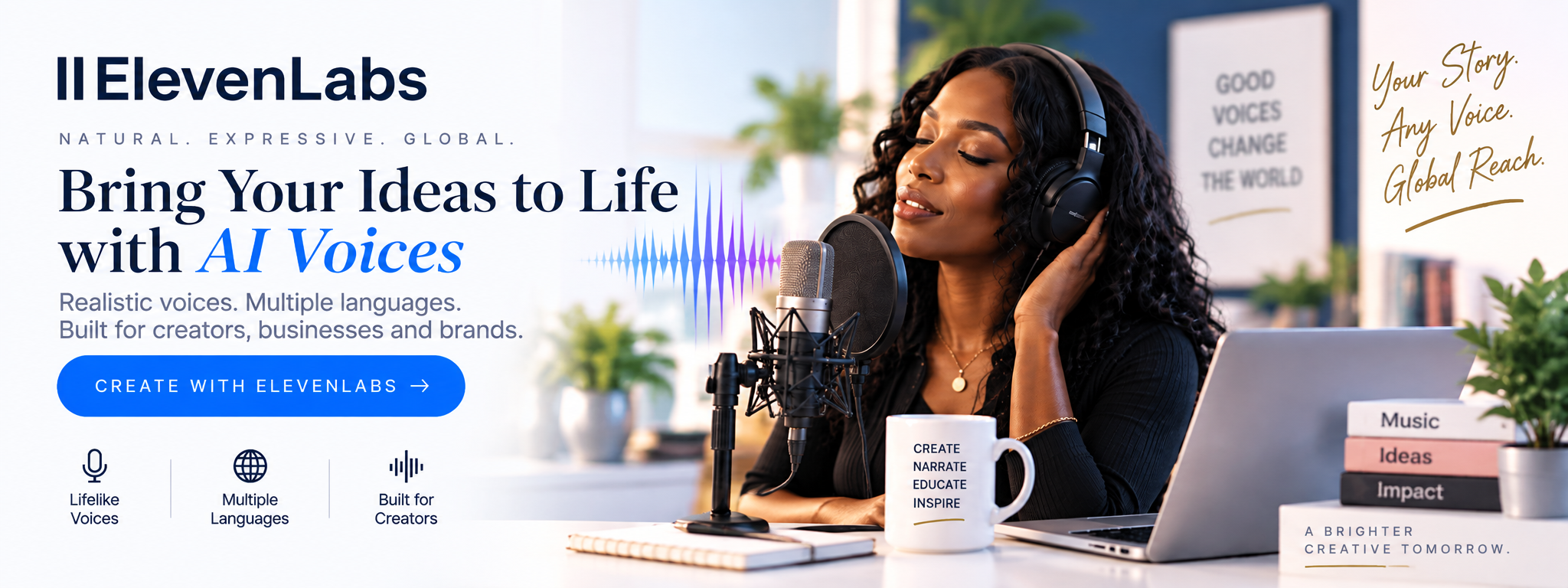ElevenLabs affiliate banner featuring a Black woman creator using AI voice tools in a bright recording studio