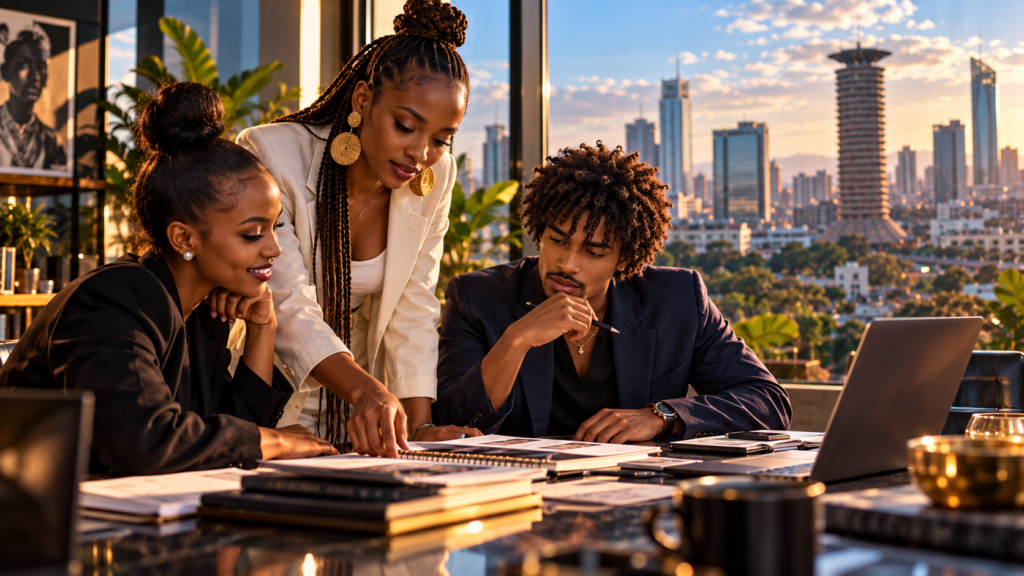 Contemporary African music professionals reviewing business documents in a Nairobi office.
