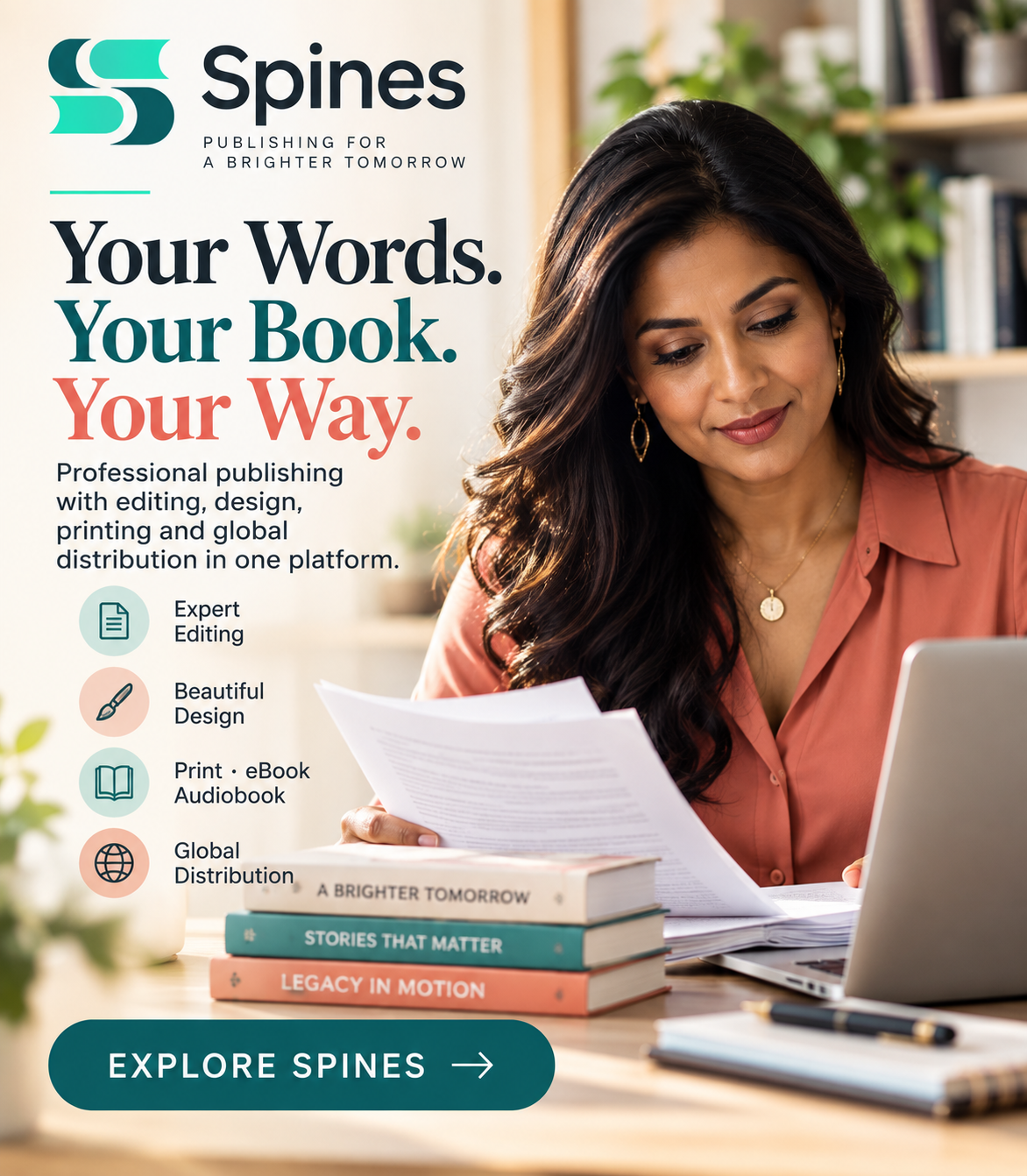 Spines Hybrid affiliate advertisement for publishing and authorship services
