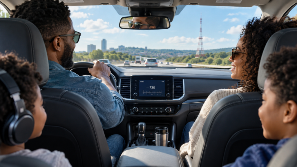 Family driving during the day with an AM radio visible on the dashboard and a broadcast tower in the distance.