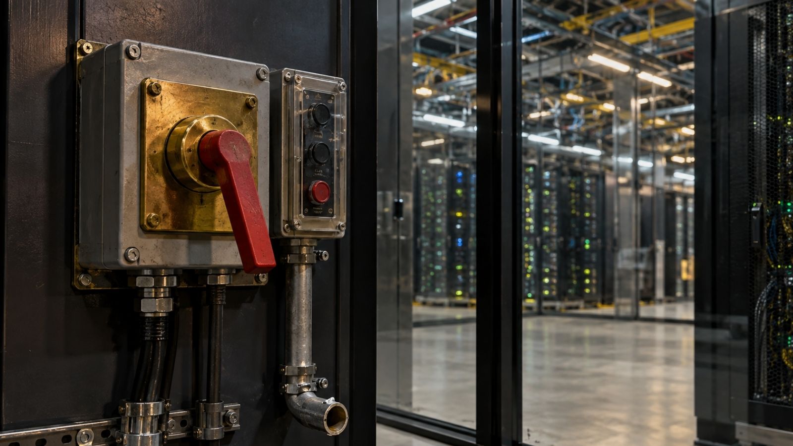 Anthropic AI risk warning visual showing a manual safety-control switch beside operating data-center infrastructure