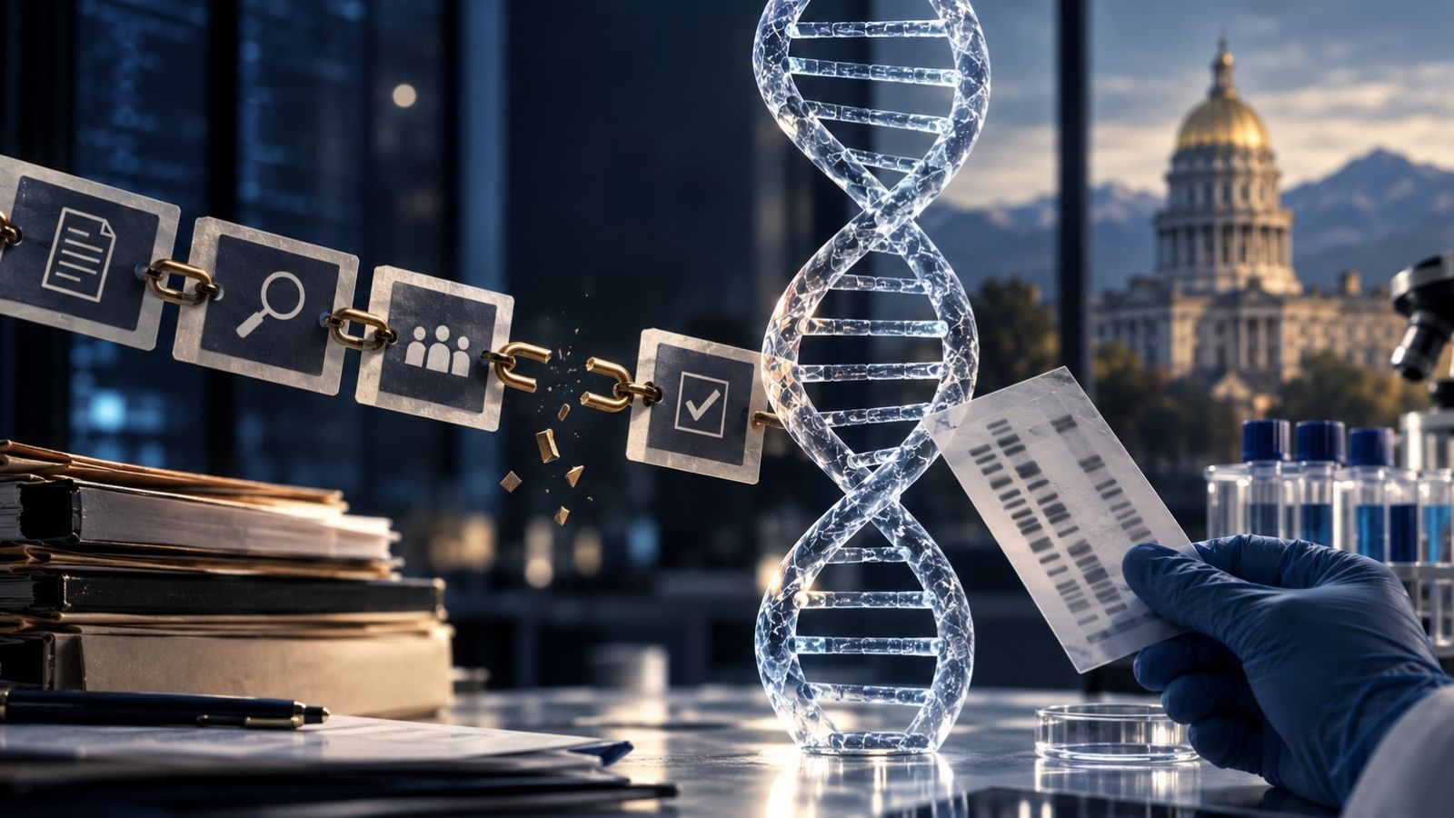 Colorado DNA scandal editorial illustration showing forensic DNA evidence and a broken institutional verification chain