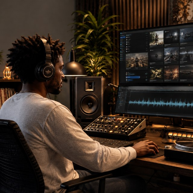 Door I — a listener at a studio desk with headphones, waveform and programme library on screen