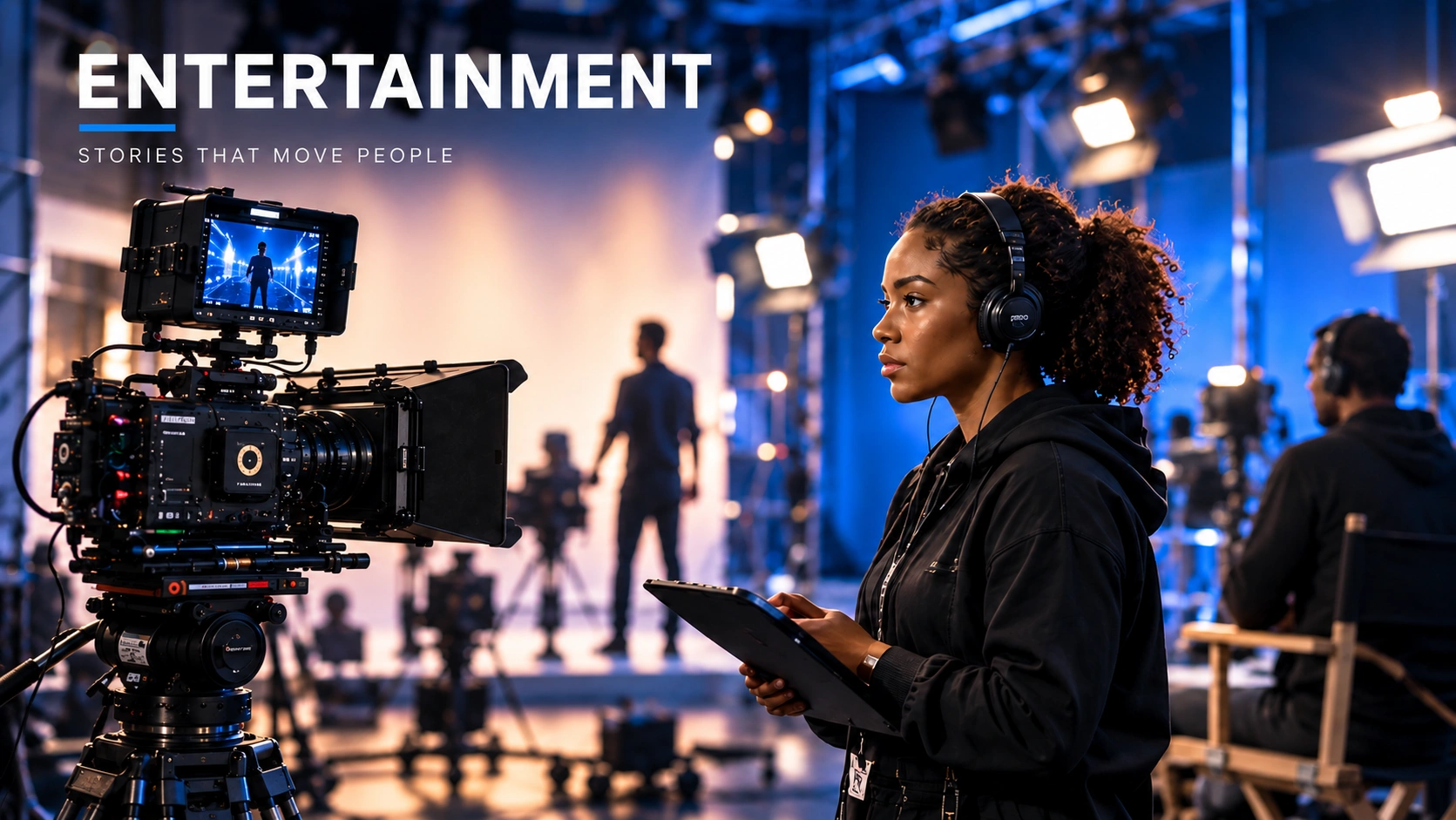 Entertainment category image featuring a professional production set and camera crew