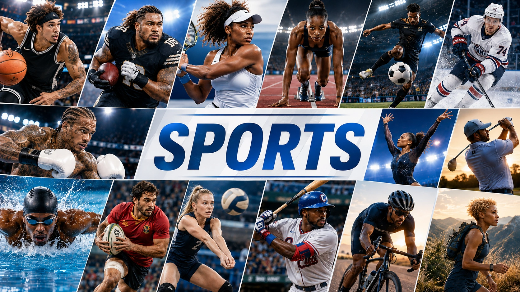 Sports category image featuring a multi-sport collage of athletes