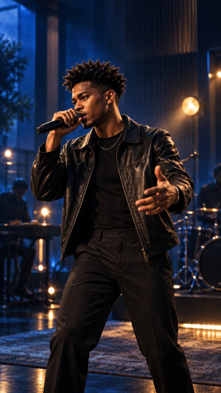 An artist performing to camera under stage light with a live band behind