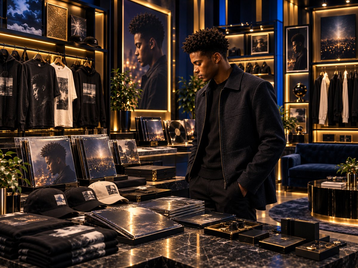 A campaign environment built around one artist: apparel, printed editions, framed portraits and wall statements in one room