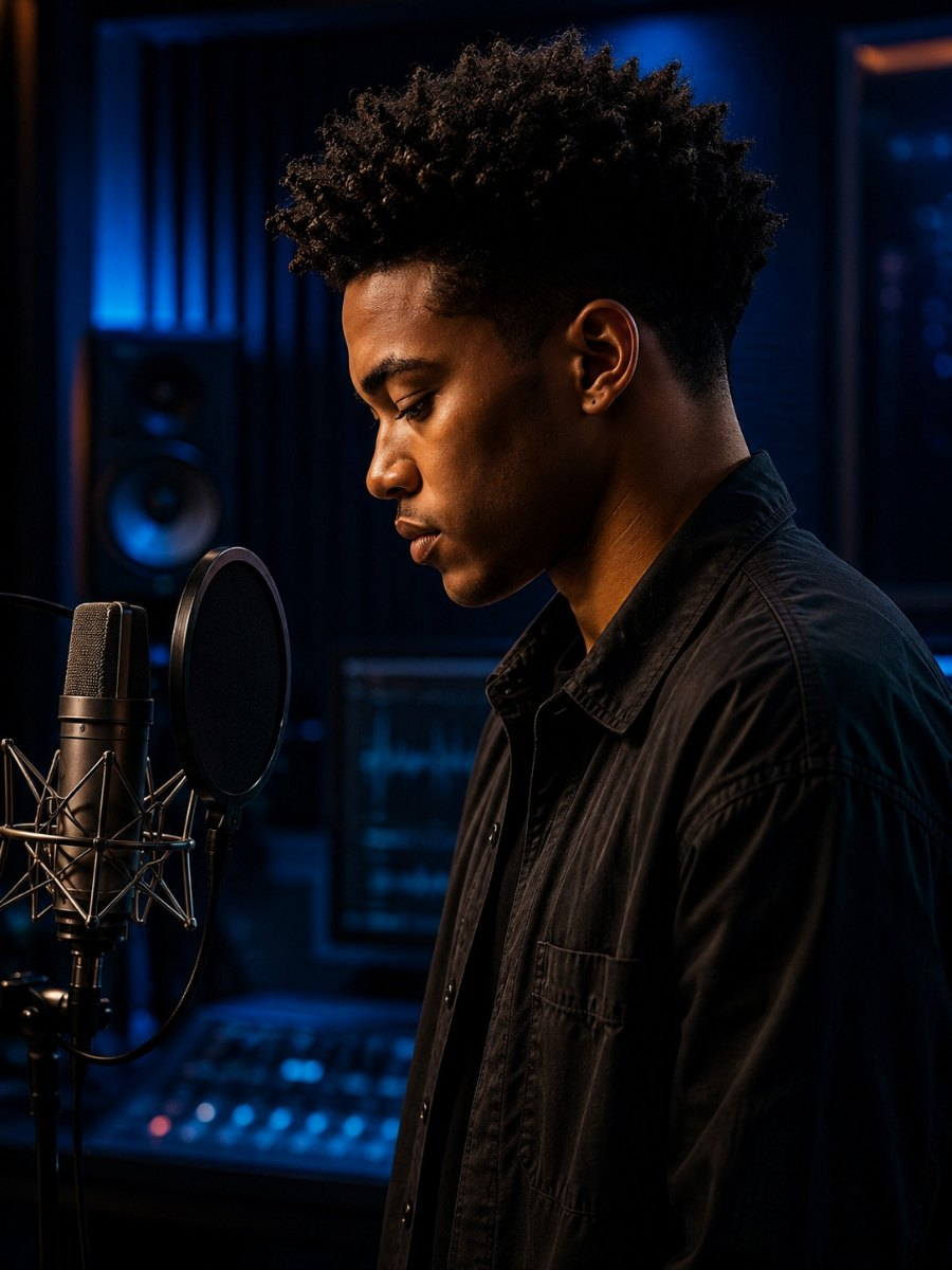 An artist at a studio condenser microphone, console and monitors behind