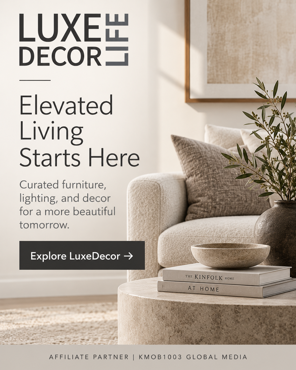 LuxeDecor affiliate advertisement for furniture and home decor