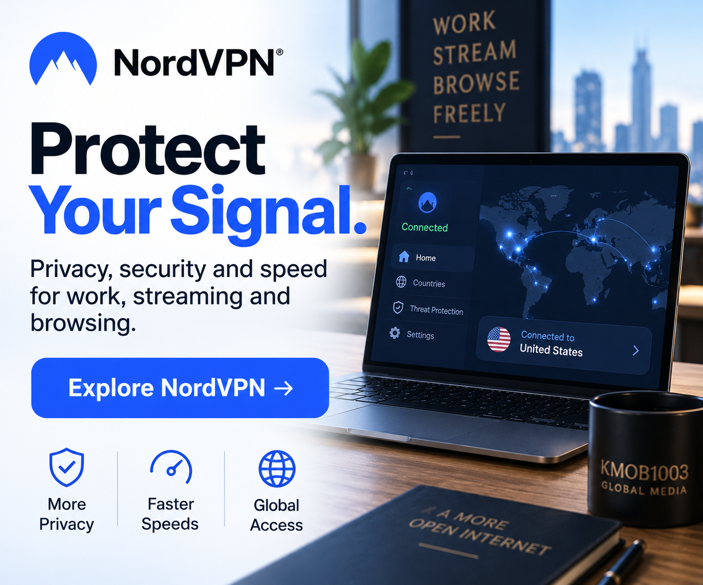NordVPN affiliate advertisement for privacy, security and global access