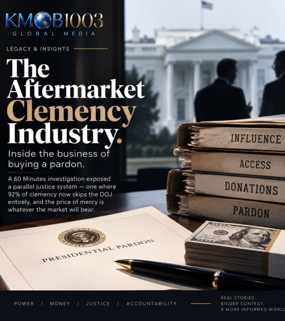 Pardon broker economy represented by clemency papers, cash, legal books and the White House