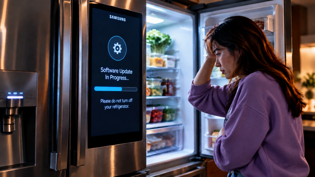 Samsung refrigerator update failure represented by a South Korean woman checking a smart refrigerator during a software update