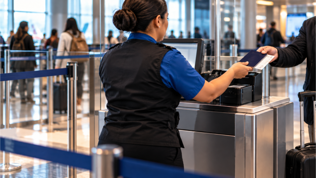 TSA officer checking a traveler’s passport at a travel document checker position during the reported TSA chair removal