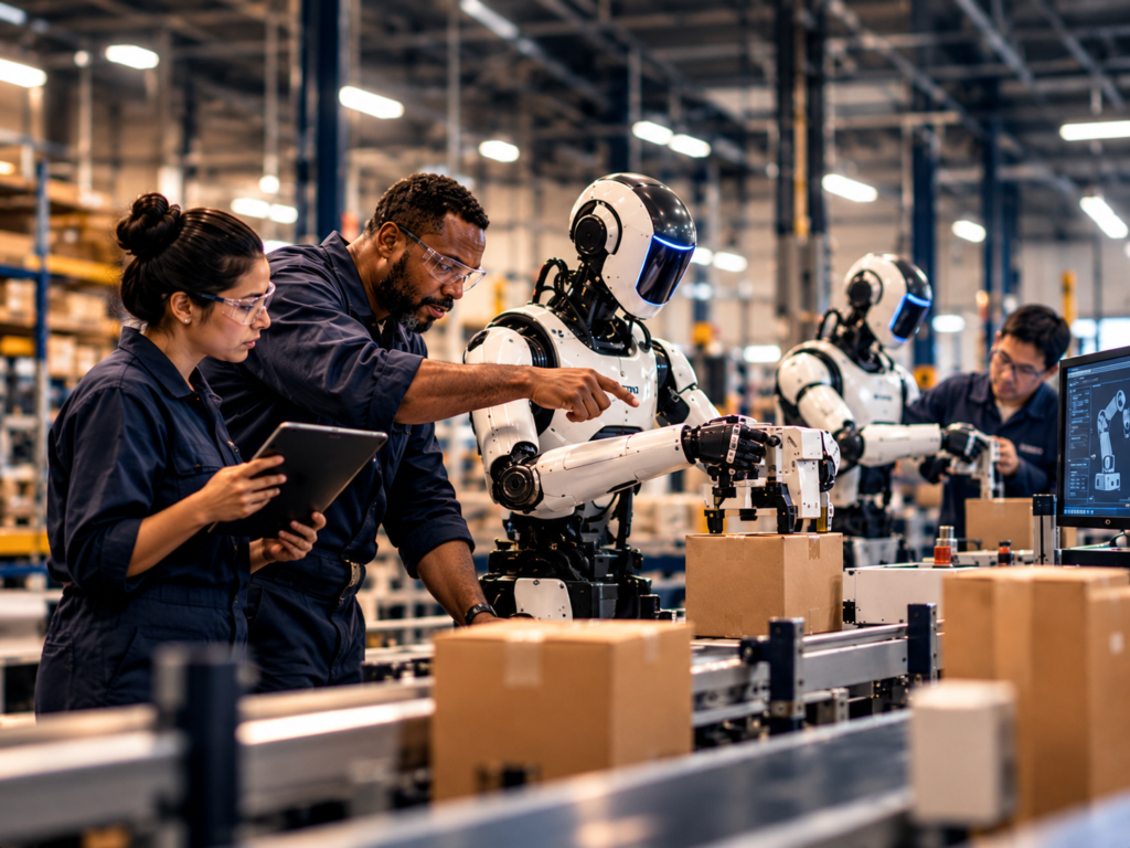 Factory workers demonstrate tasks to humanoid robots during workplace training in an industrial setting.
