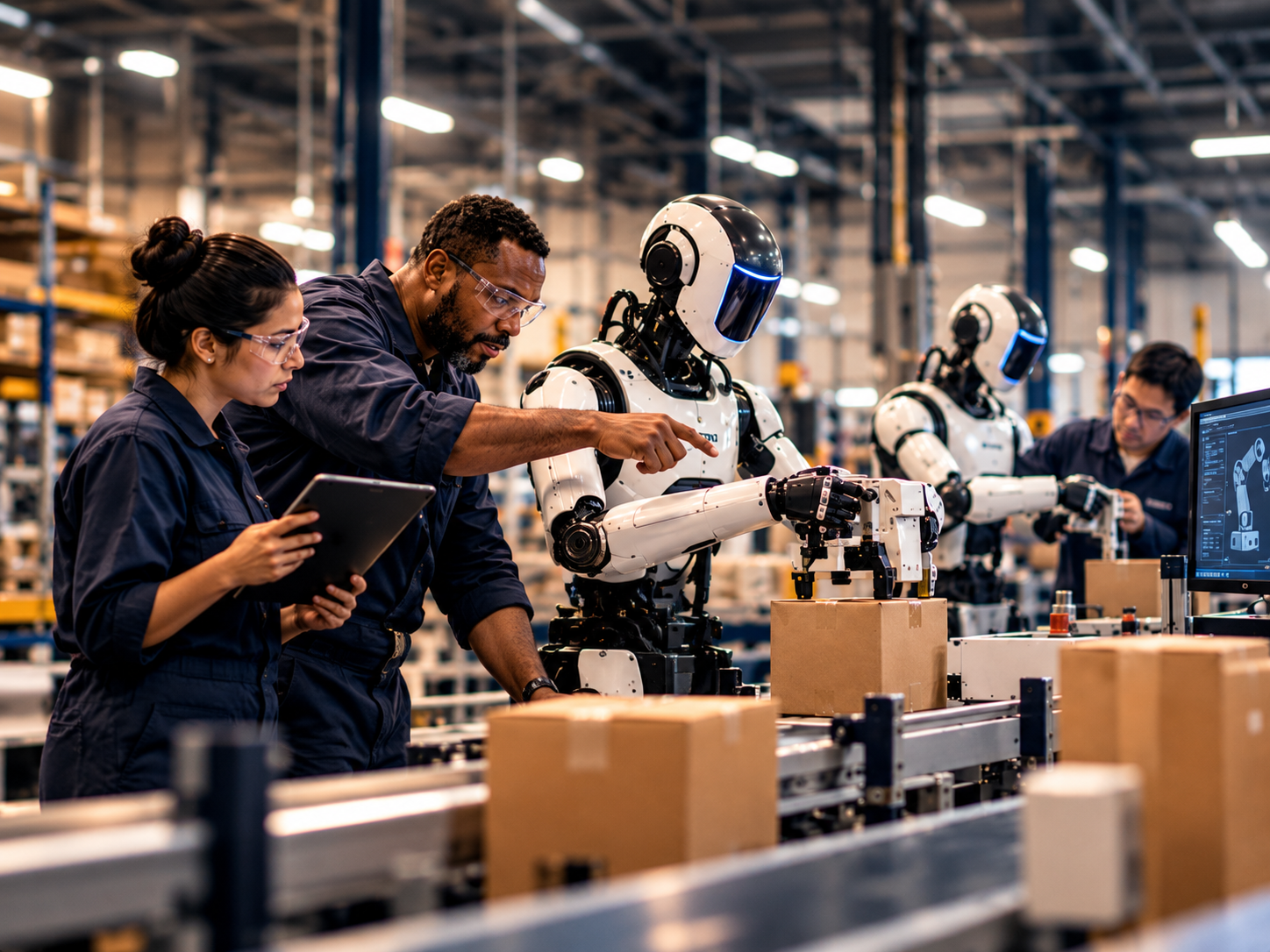 Workers training robots: factory workers demonstrate tasks to humanoid robots during workplace training in an industrial setting.