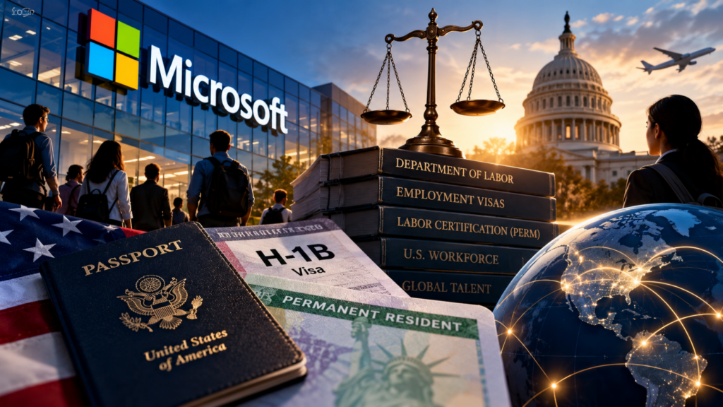 Microsoft green card suspension editorial illustration showing technology workers, U.S. immigration documents, Department of Labor books, and the Capitol.