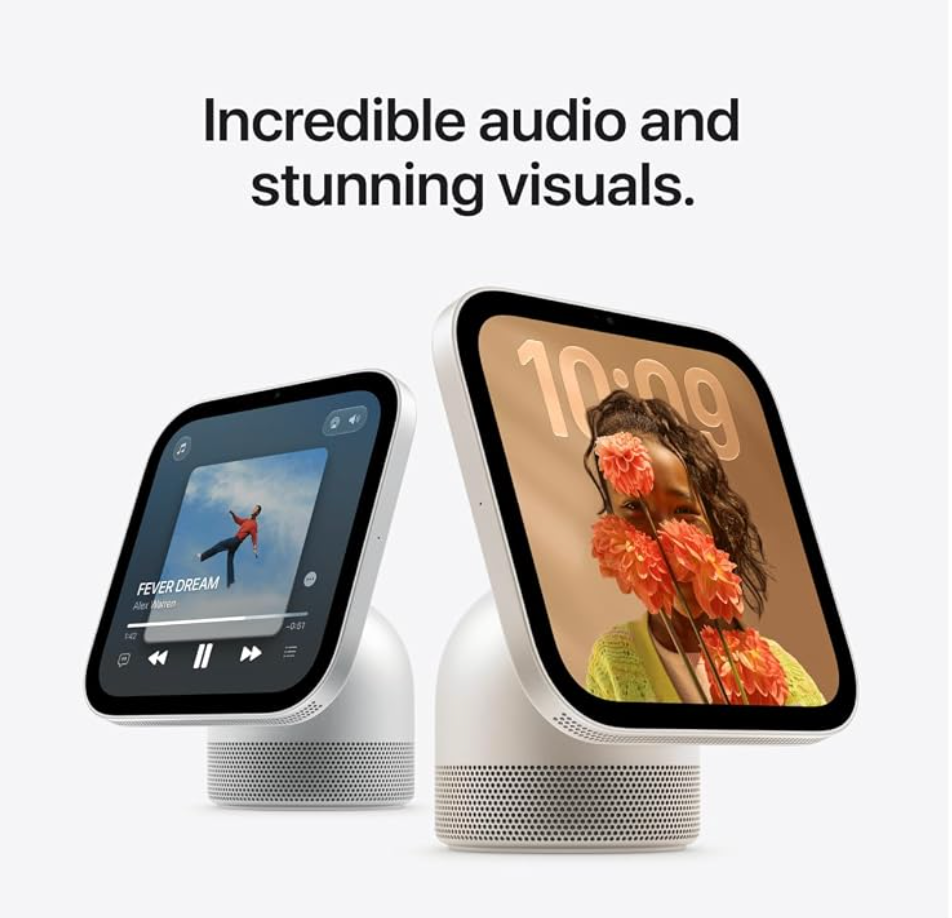 Apple HomeView, one of the new Apple smart home products, a silver smart display with a 7-inch screen on a tilting speaker base