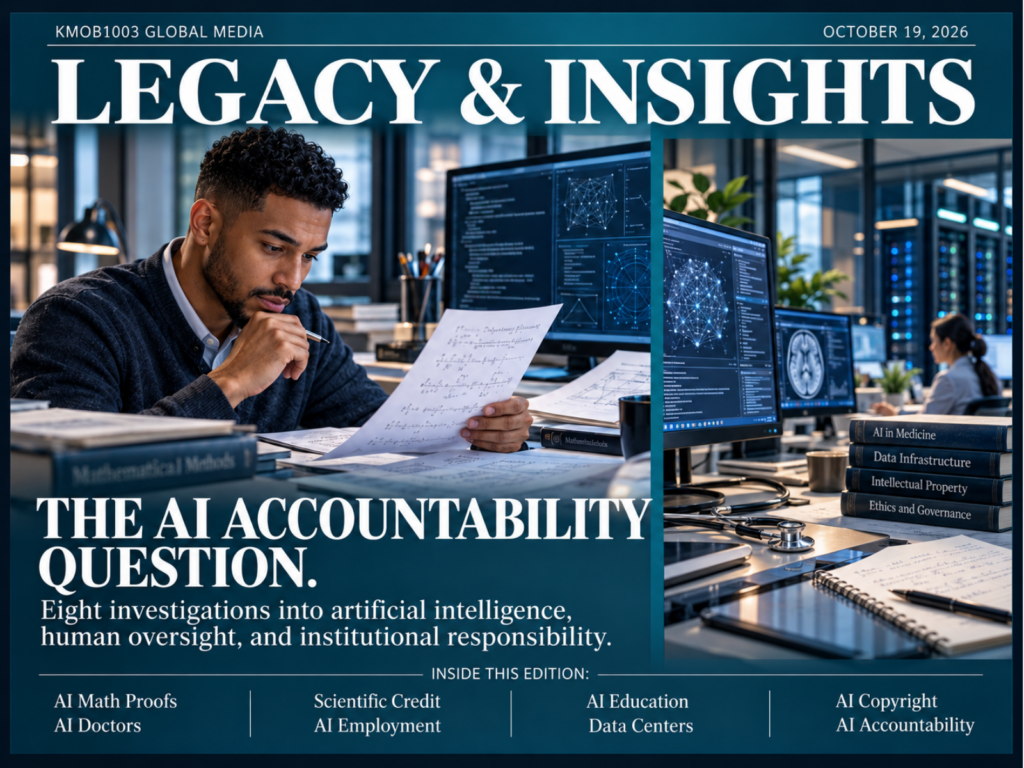 Black researcher reviewing AI-generated mathematical work, with medical research and data infrastructure imagery illustrating AI accountability.