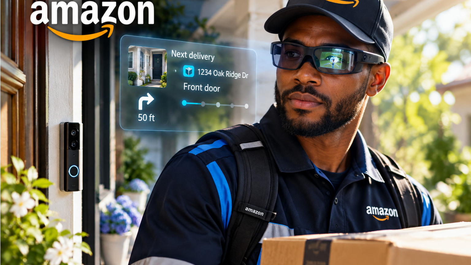 Amazon delivery glasses worn by a delivery driver approaching a residential home with a package.
