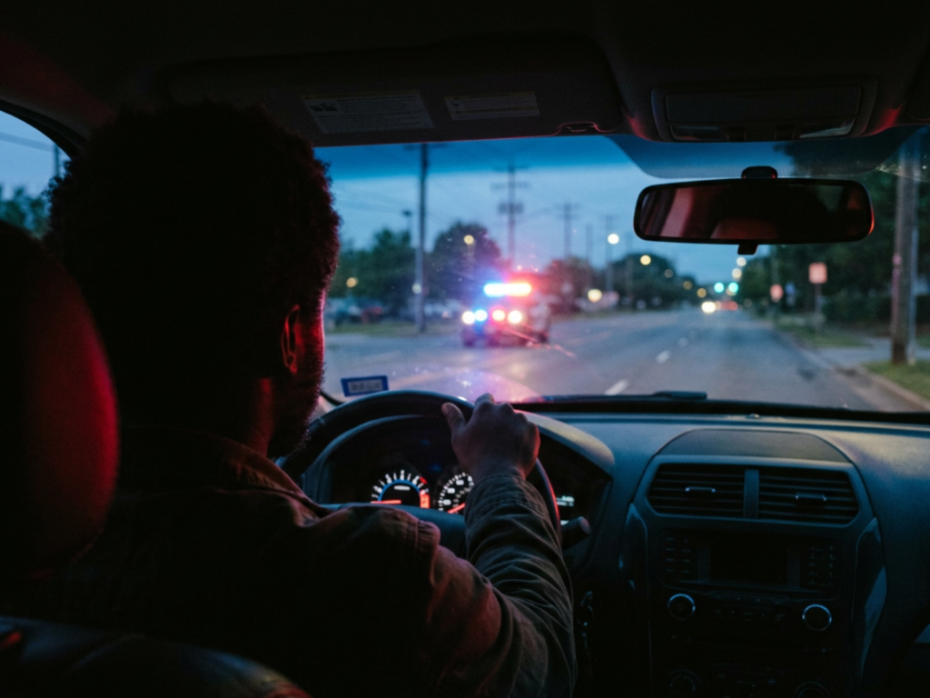 CMPD police scandal editorial illustration showing a Black motorist inside a vehicle with police lights visible ahead at dusk