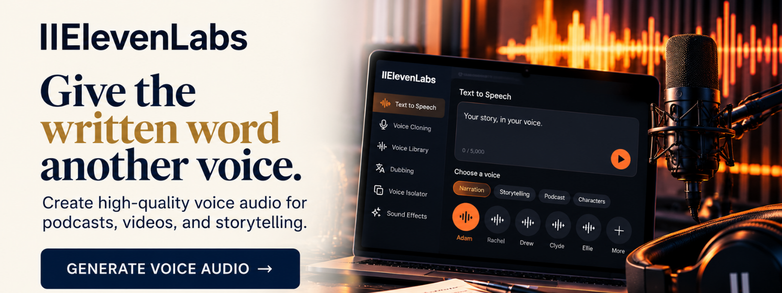 ElevenLabs affiliate advertisement for AI voice and audio tools