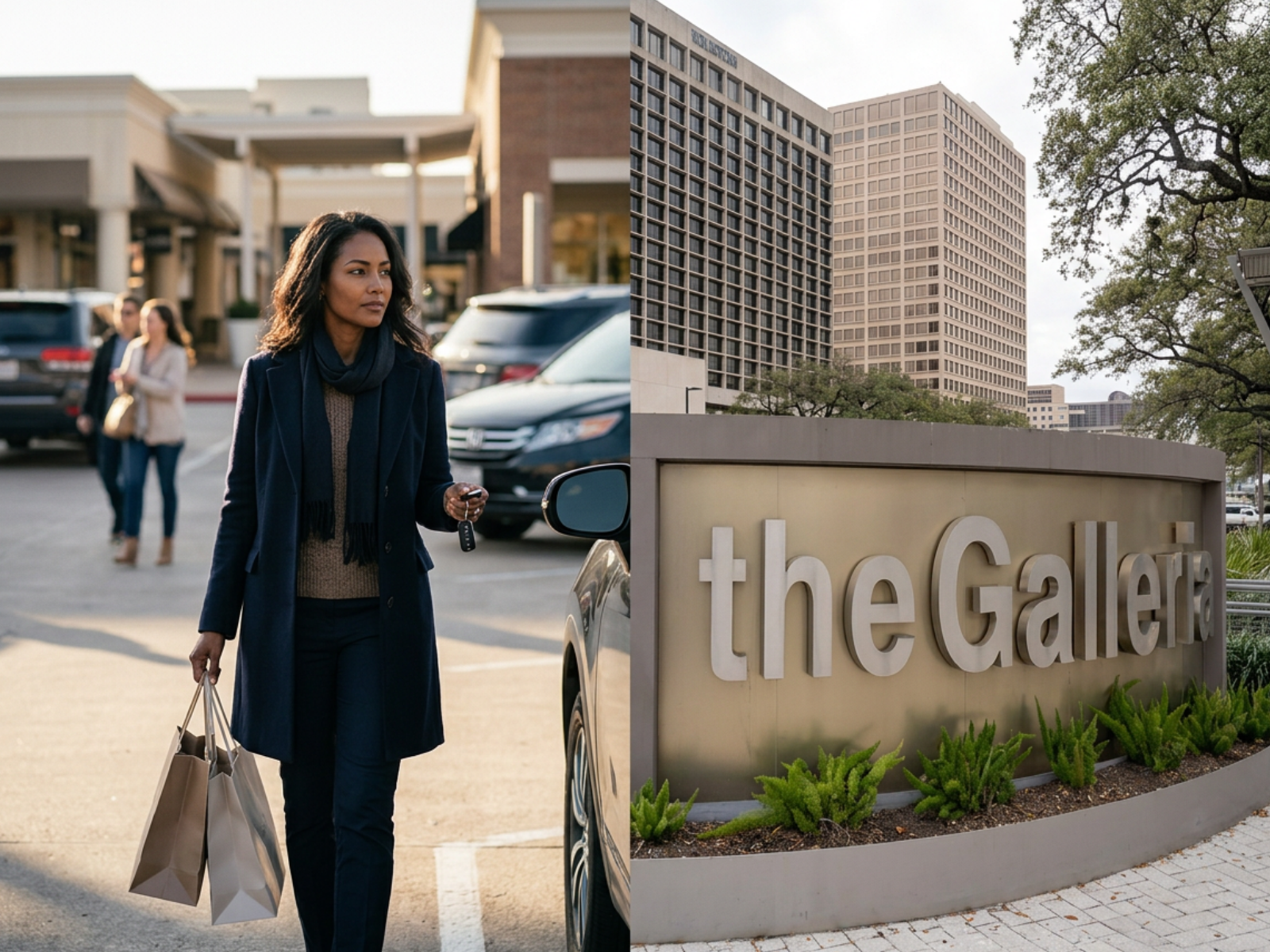Houston Galleria Parking Fees — KMOB1003 Global Media Houston Galleria parking fees editorial image featuring a Black woman shopper alongside the Galleria mall sign in Houston, Texas
