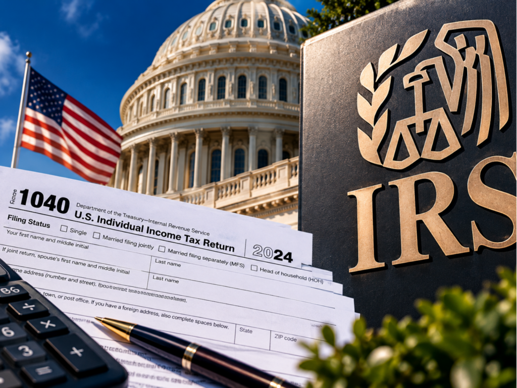 IRS whistleblower lawsuit illustrated with a federal tax return and IRS building