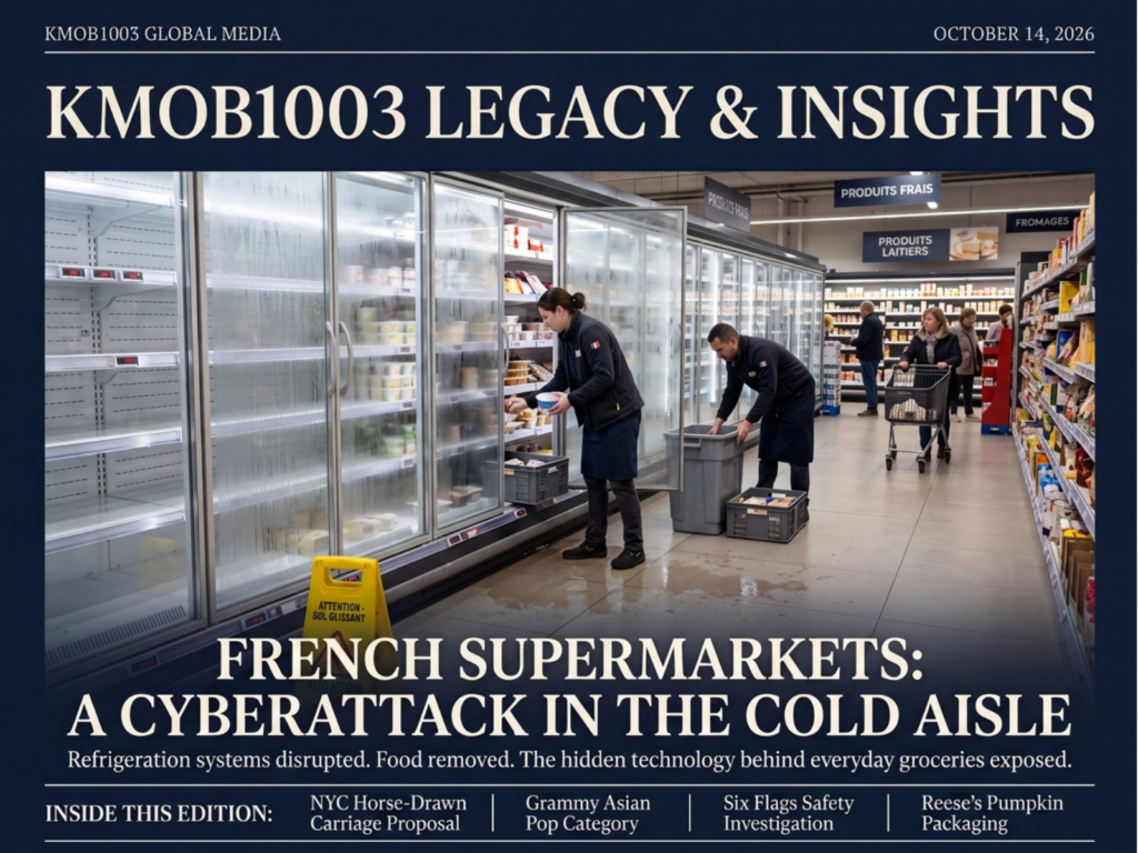 French supermarket cyberattack editorial illustration showing employees removing food from nearly empty refrigerated cases as customers pass through the aisle.