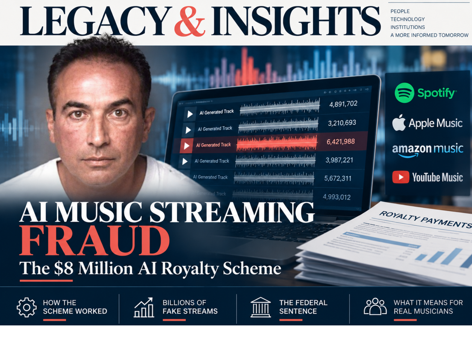 KMOB1003 Legacy & Insights illustration of Michael Smith, AI-generated music streams, streaming platforms and royalty payment records in an $8 million music streaming fraud case.