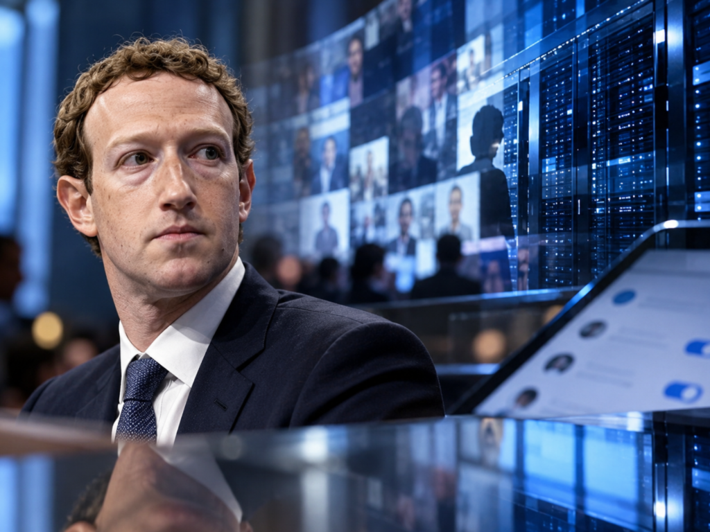 Mark Zuckerberg with digital data infrastructure and social media imagery, illustrating the Meta $25 billion privacy penalty.