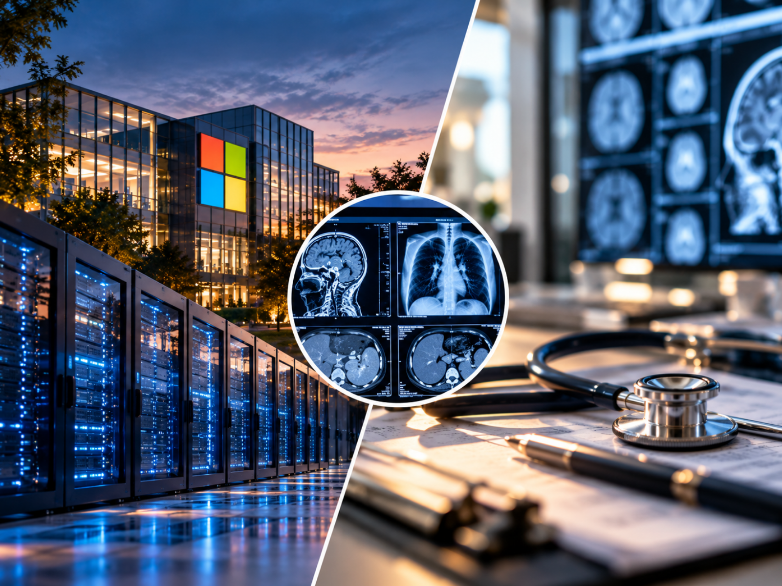 Microsoft MAI-DxO medical AI editorial illustration showing computing infrastructure, diagnostic scans and clinical equipment.