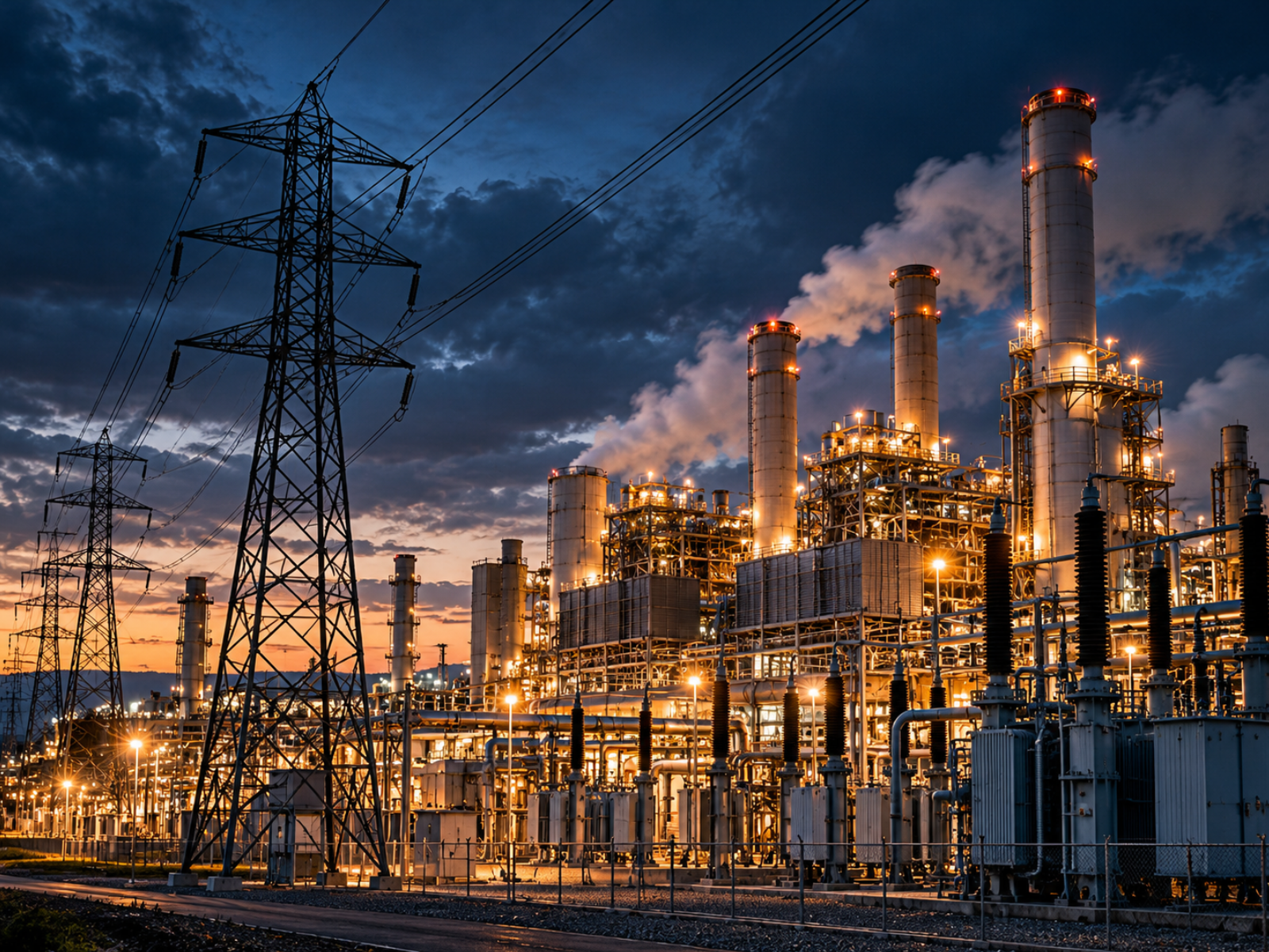 Winter Energy Costs — Power Plant and Electrical Grid Winter energy costs illustrated by an illuminated power plant, transmission towers, and electrical infrastructure at dusk.